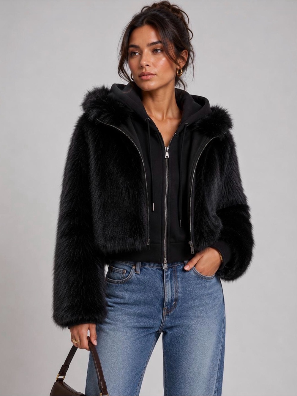 Faux Fur Hooded Zip Jacket - Womens